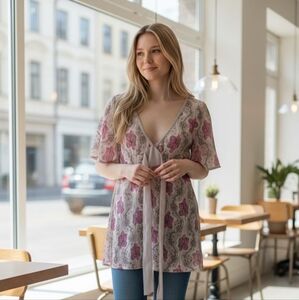 Floral V-Neck Blouse with Pink Accents